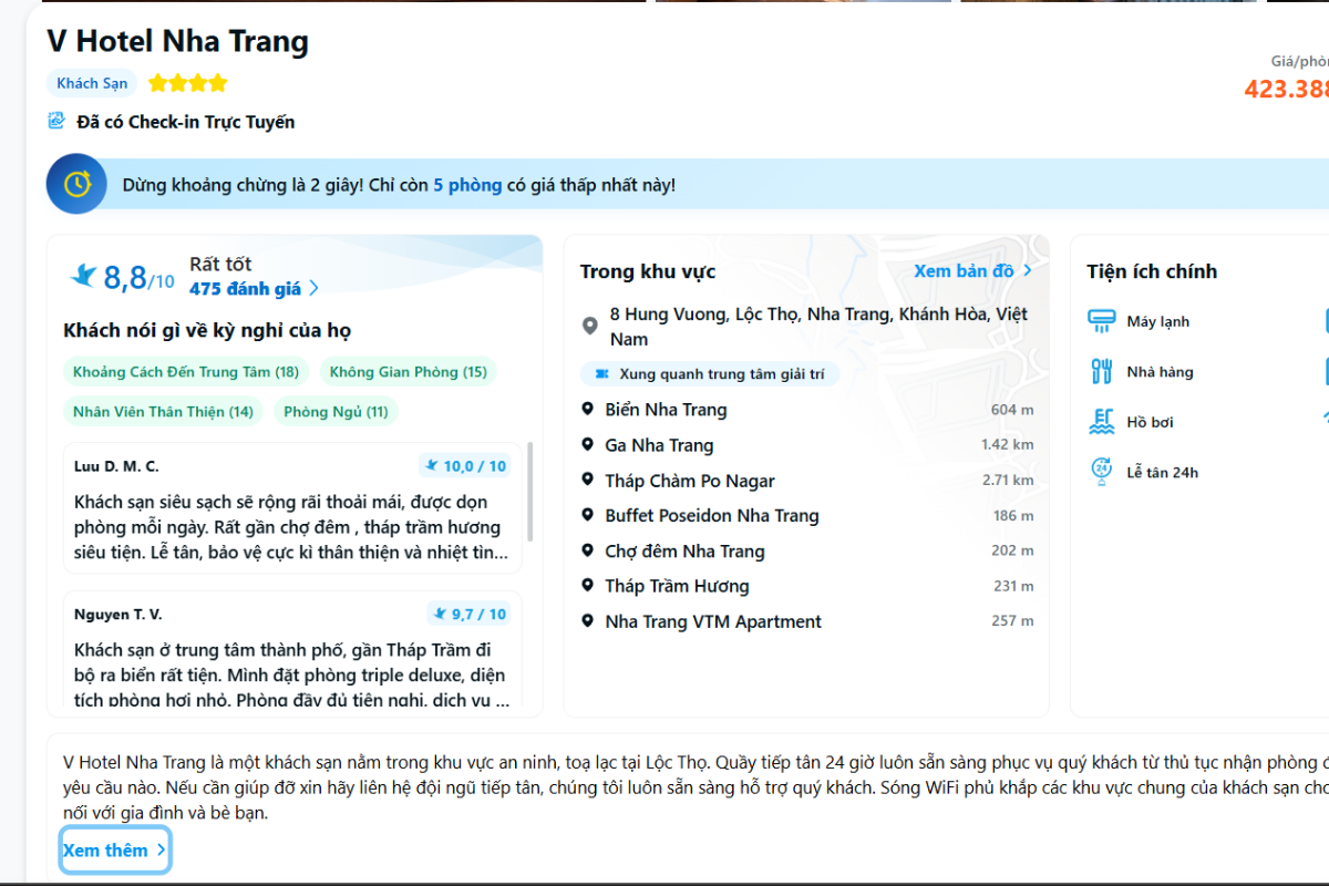 Review tất tần tật khách sạn 4 sao V Hotel Nha Trang Nội thất phòng nghỉ Deluxe Sea View tại V Hotel Nha Trang với tầm nhìn ra biển.